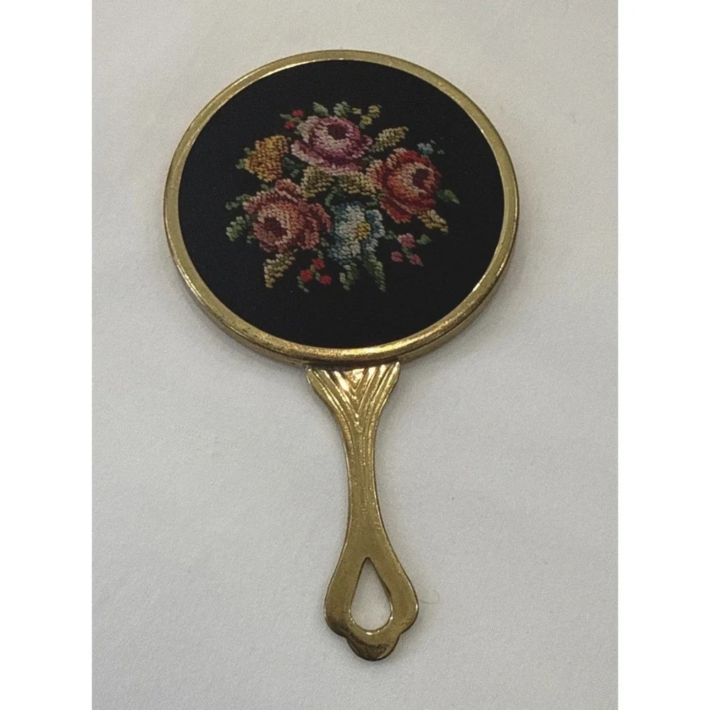Vintage Hand Held Compact Pocket Mirror Embroidery Roses Floral Tapestry 2.5x4.5